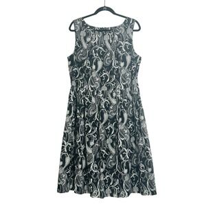 Talbots Paisley Shift Dress Sz 16 Black White Silk Blend Pleats Sleeveless